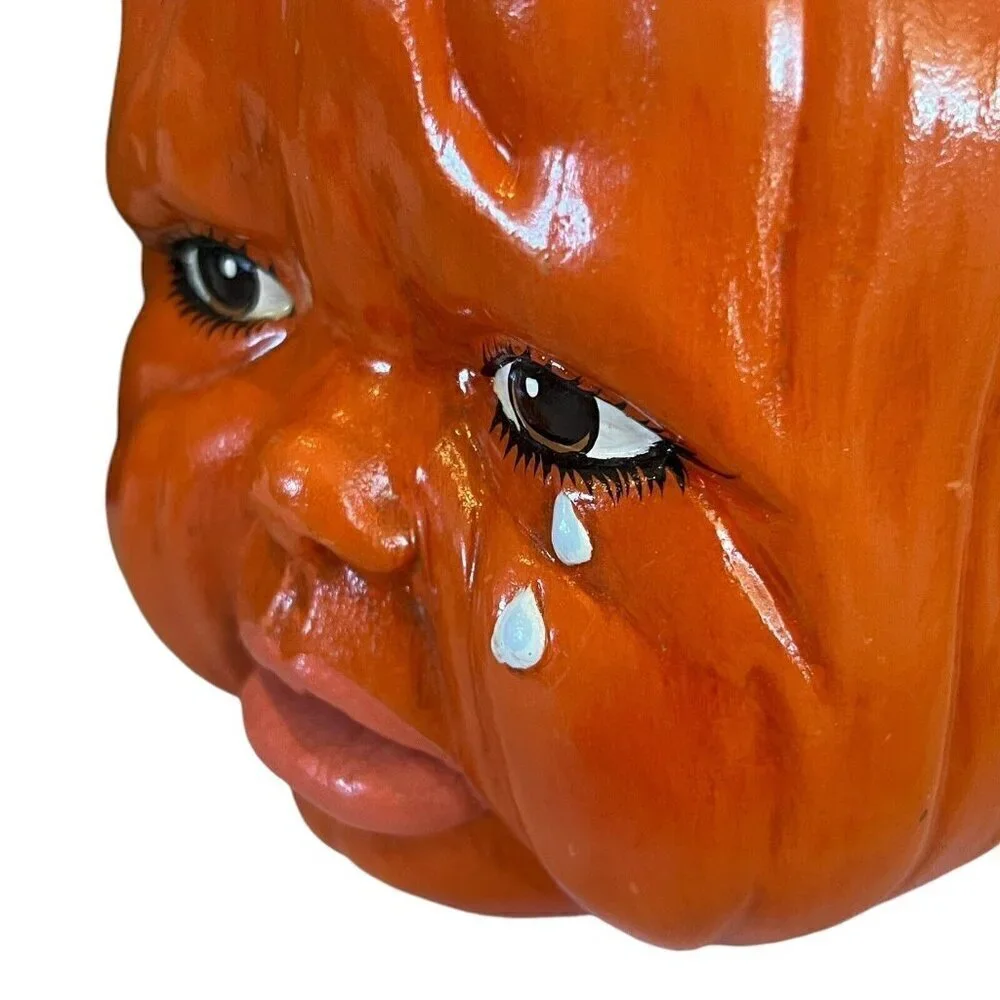 Creepy Anthropomorphic Crying Baby Face Tears Pumpkin Halloween Jack o Lantern